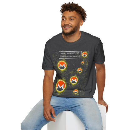 Monero (XMR) don't assume your freedoms are assured Dark colors Unisex T-Shirt by cypherpunkgear.com