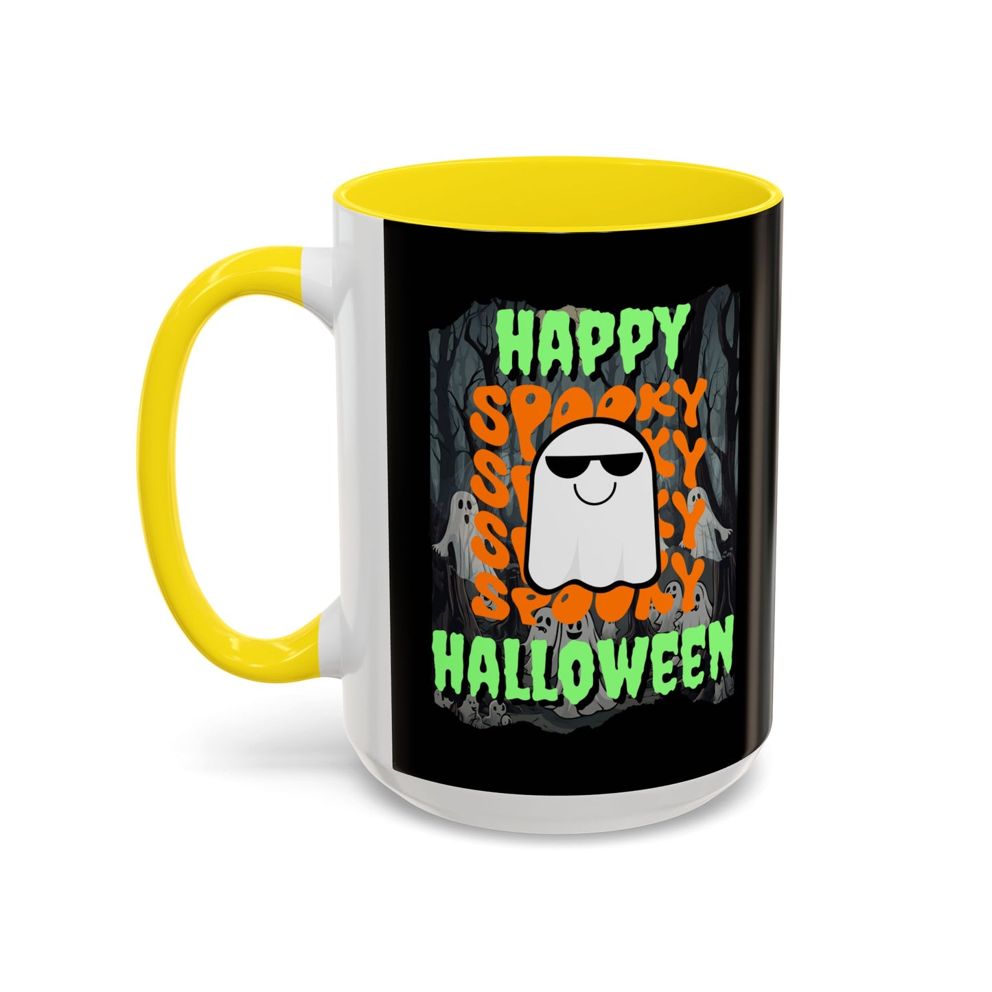 Spooky Happy Halloween Ghost Green font Black Accent Mug by CreepyCrafts.boo