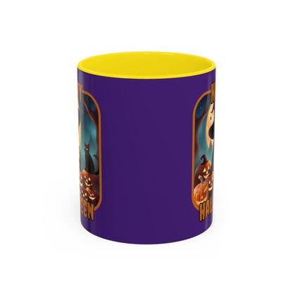 Happy Halloween Cute Witch Orange font Purple Accent Mug by CreepyCrafts.boo