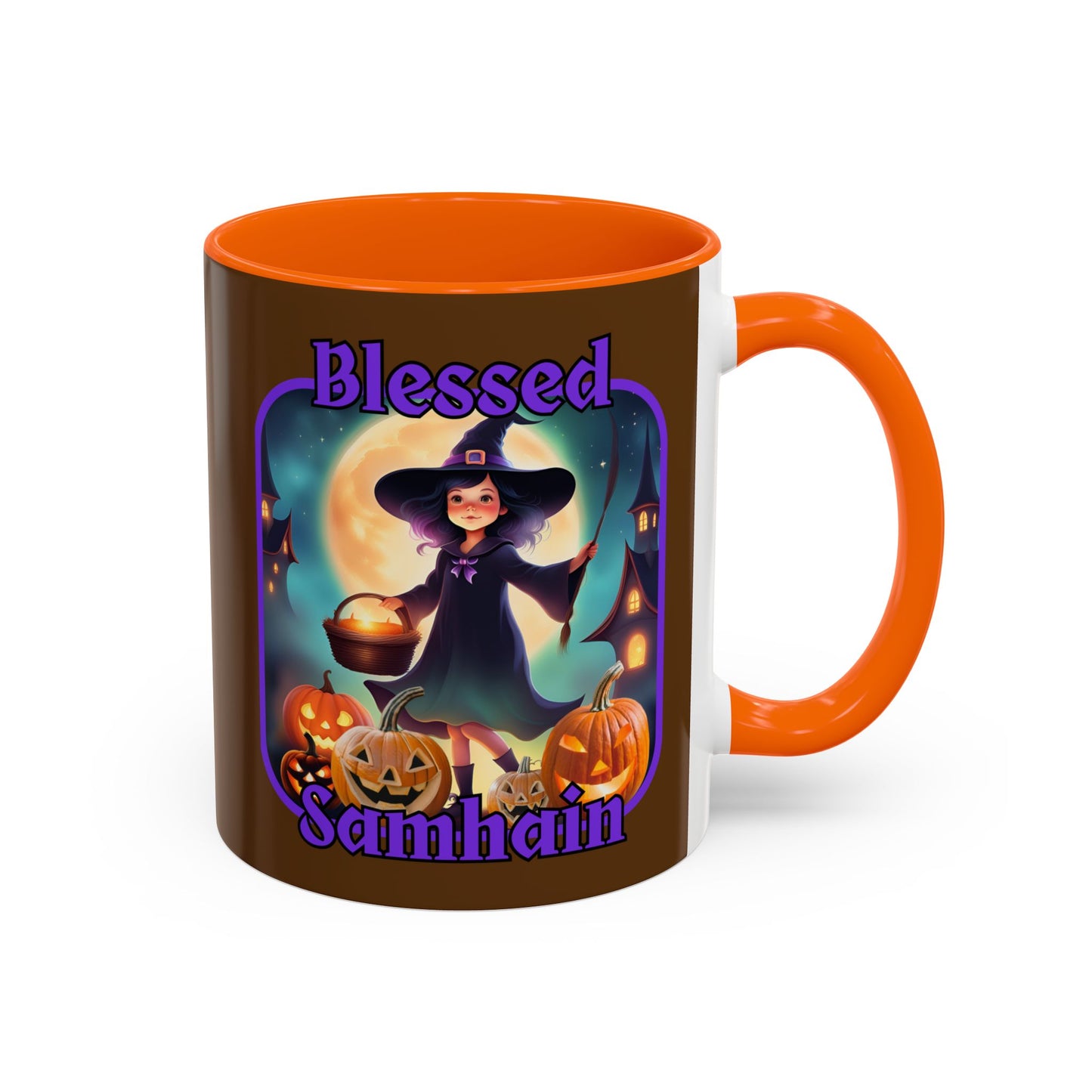 Blessed Samhain Little Witch Purple font Brown Accent Mug by CreepyCrafts.boo