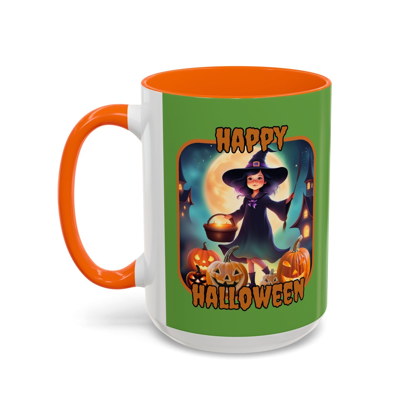 Happy Halloween Little Witch Orange font Green Accent Mug by CreepyCrafts.boo