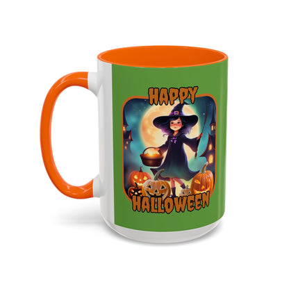 Happy Halloween Little Witch Orange font Green Accent Mug by CreepyCrafts.boo