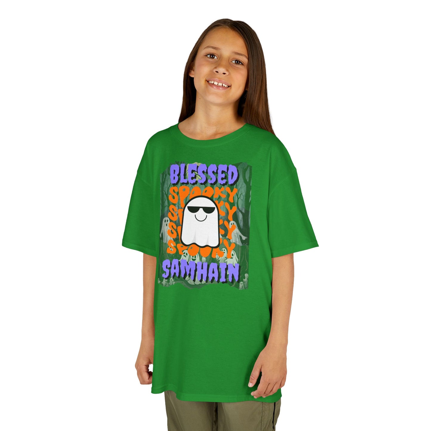 Spooky Blessed Samhain Ghost Purple font Kids Heavy Cotton™ Tee by CreepyCrafts.boo