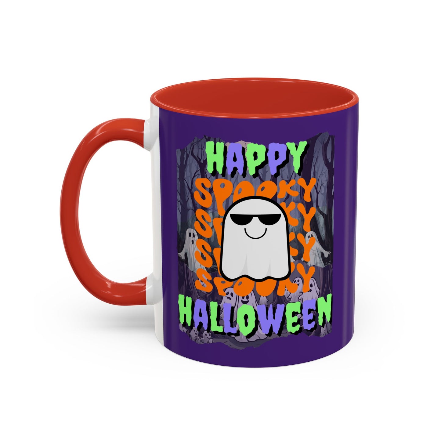 Spooky Happy Halloween Ghost Mixed font Purple Accent Mug by CreepyCrafts.boo