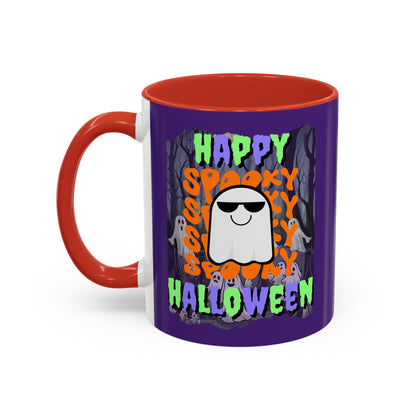 Spooky Happy Halloween Ghost Mixed font Purple Accent Mug by CreepyCrafts.boo