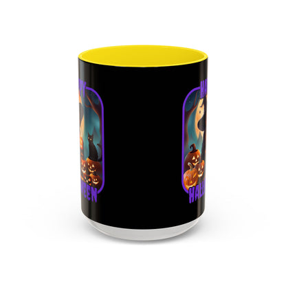 Happy Halloween Cute Witch Purple font Black Accent Mug by CreepyCrafts.boo