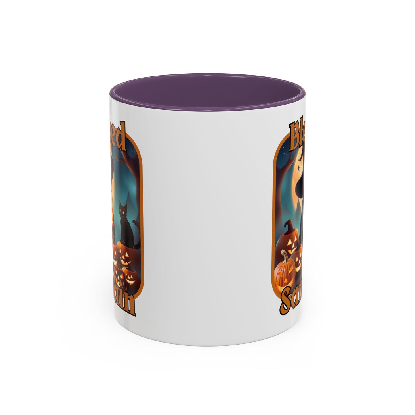 Blessed Samhain Cute Witch Orange font White Accent Mug by CreepyCrafts.boo