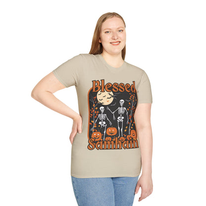 Spooktacular Skeletons of Samhain Light colors Unisex T-Shirt by CreepyCrafts.boo
