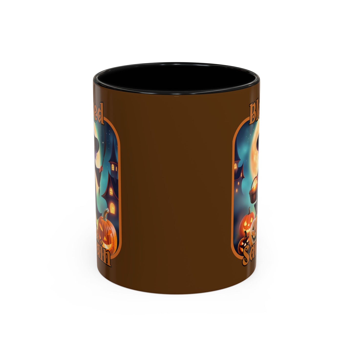 Blessed Samhain Little Witch Orange font Brown Accent Mug by CreepyCrafts.boo