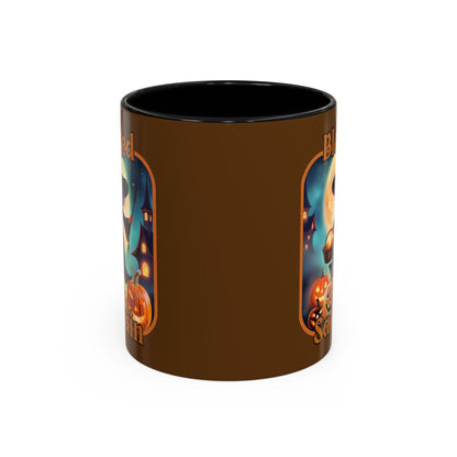 Blessed Samhain Little Witch Orange font Brown Accent Mug by CreepyCrafts.boo