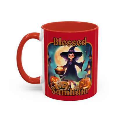 Blessed Samhain Little Witch Orange font Red Accent Mug by CreepyCrafts.boo