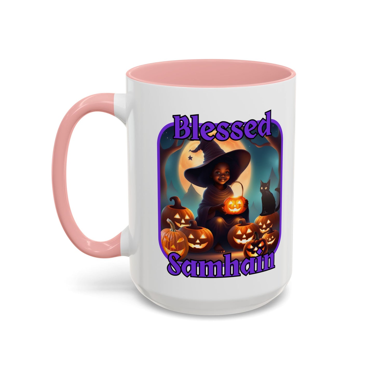 Blessed Samhain Cute Witch Purple font White Accent Mug by CreepyCrafts.boo