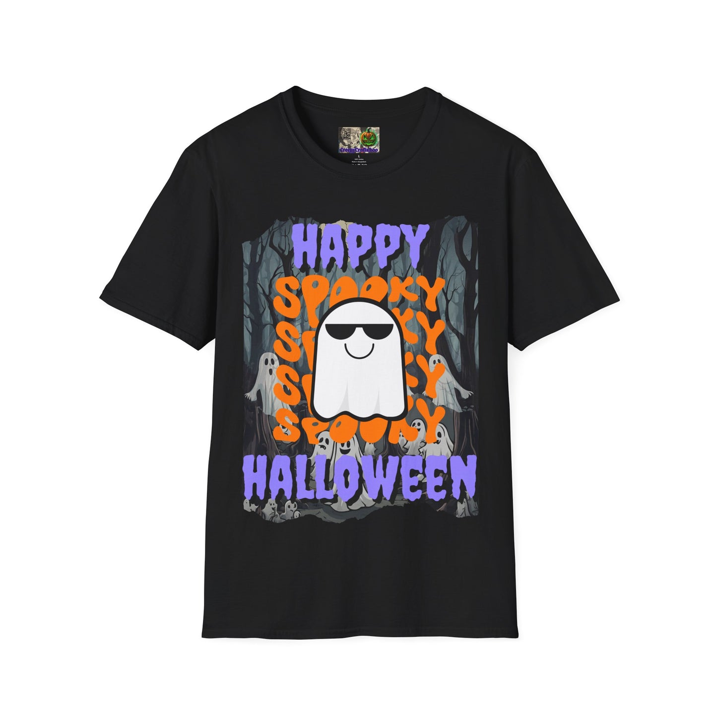 Spooky Happy Halloween Ghost Dark colors Purple font Unisex T-Shirt by CreepyCrafts.boo