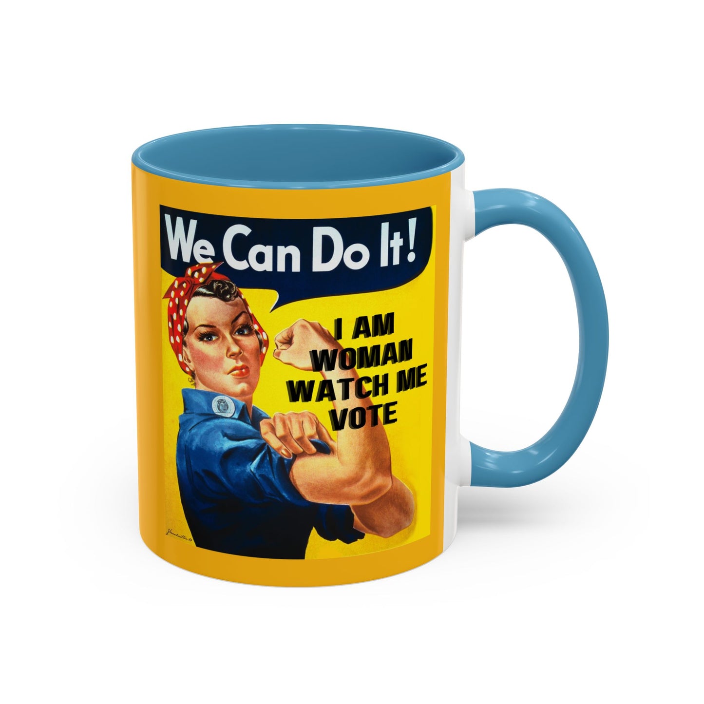 I Am Woman Watch Me Vote Rosie Yellow Accent Mug by cypherpunkgear.com