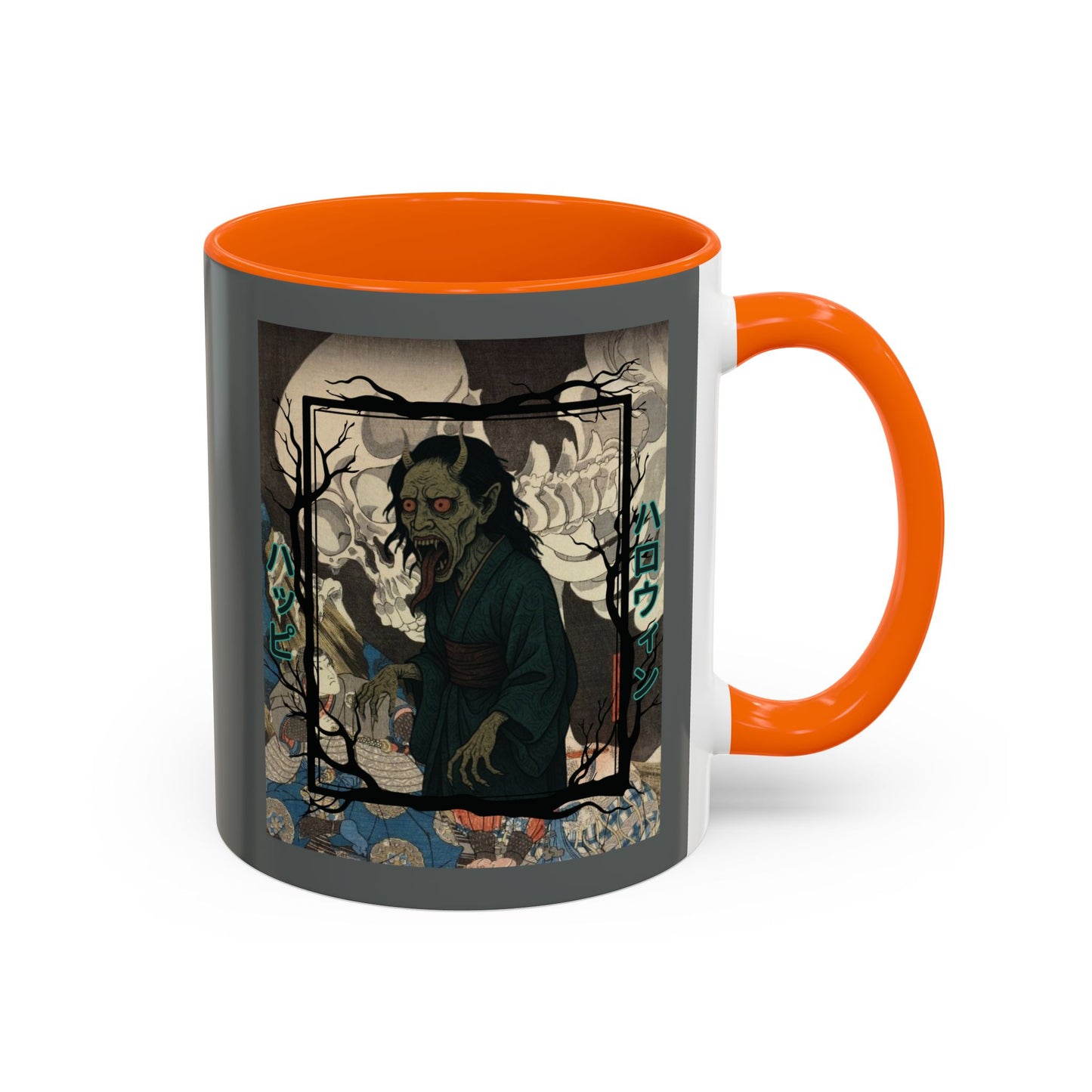Yōkai Happy Halloween Grey Accent Mug by CreepyCrafts.boo