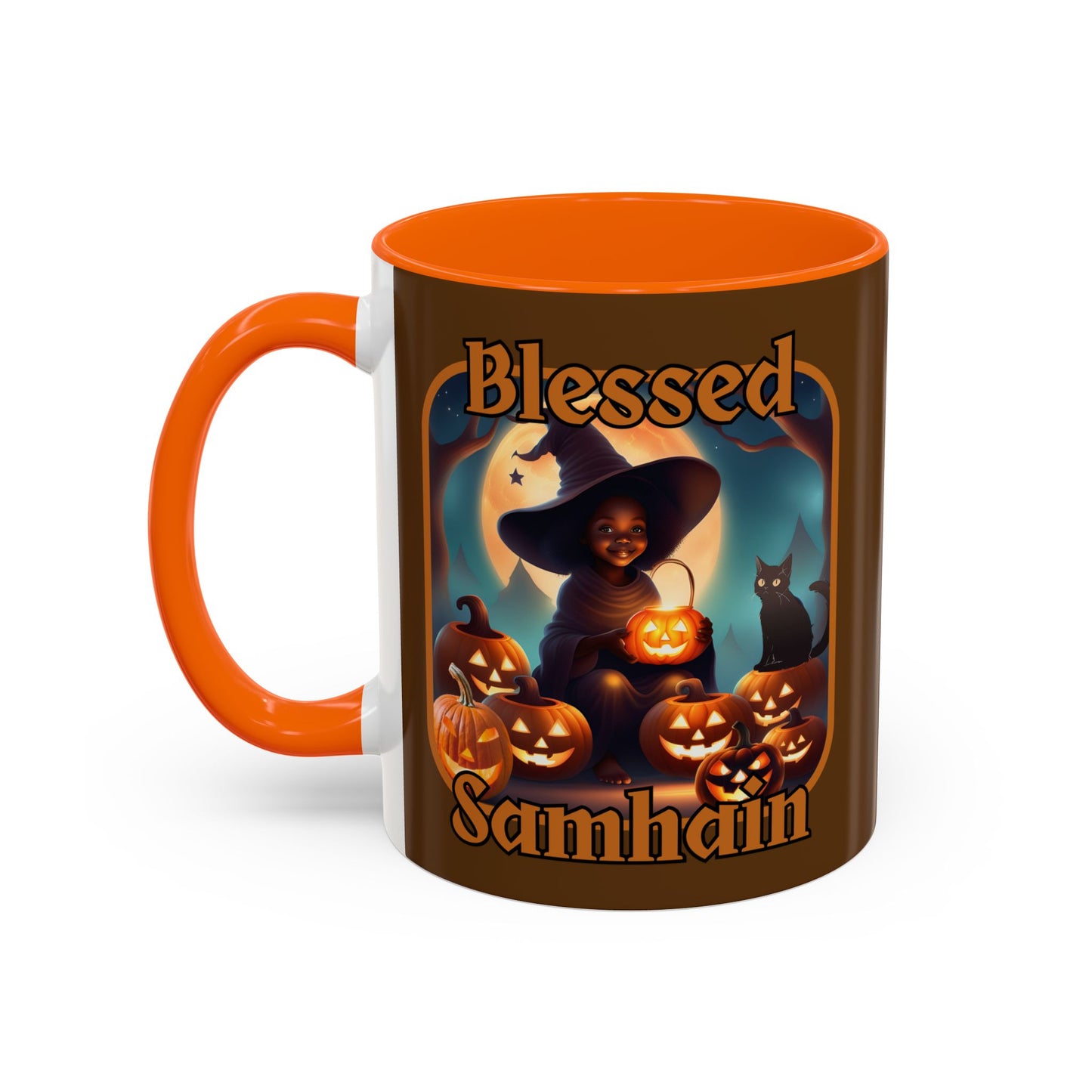 Blessed Samhain Cute Witch Orange font Brown Accent Mug by CreepyCrafts.boo