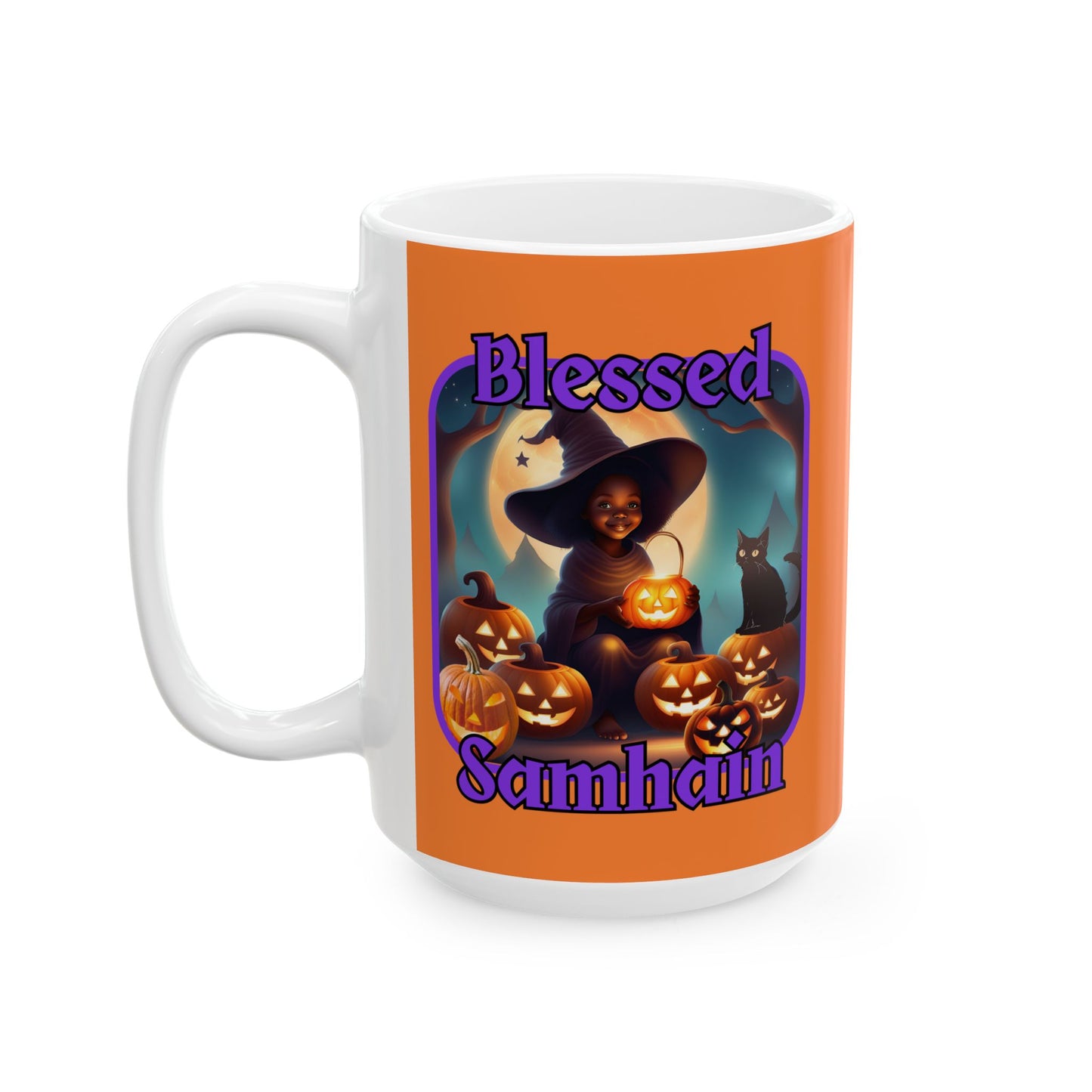 Blessed Samhain Cute Witch PRfont Orange Mug by cypherpunkgear