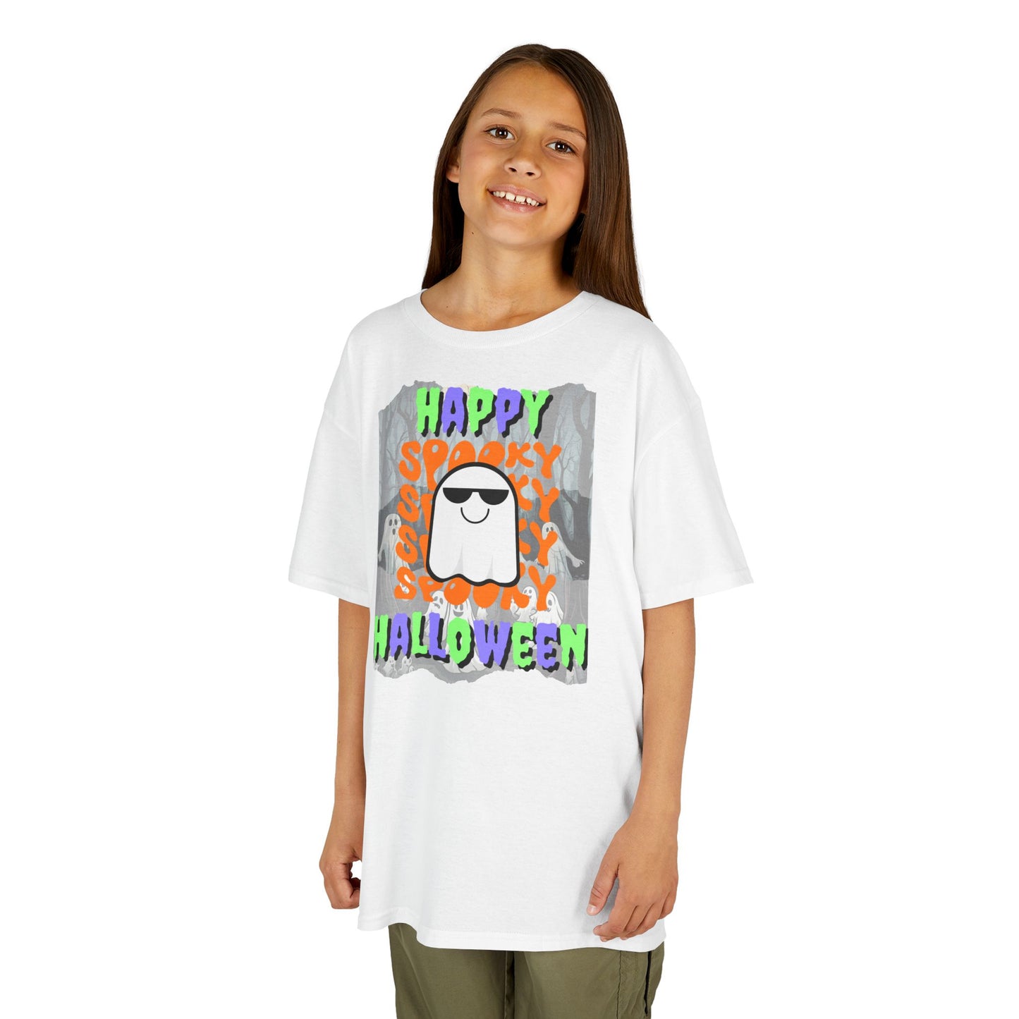 Spooky Happy Halloween Ghost Mixed font Kids Heavy Cotton™ Tee by CreepyCrafts.boo
