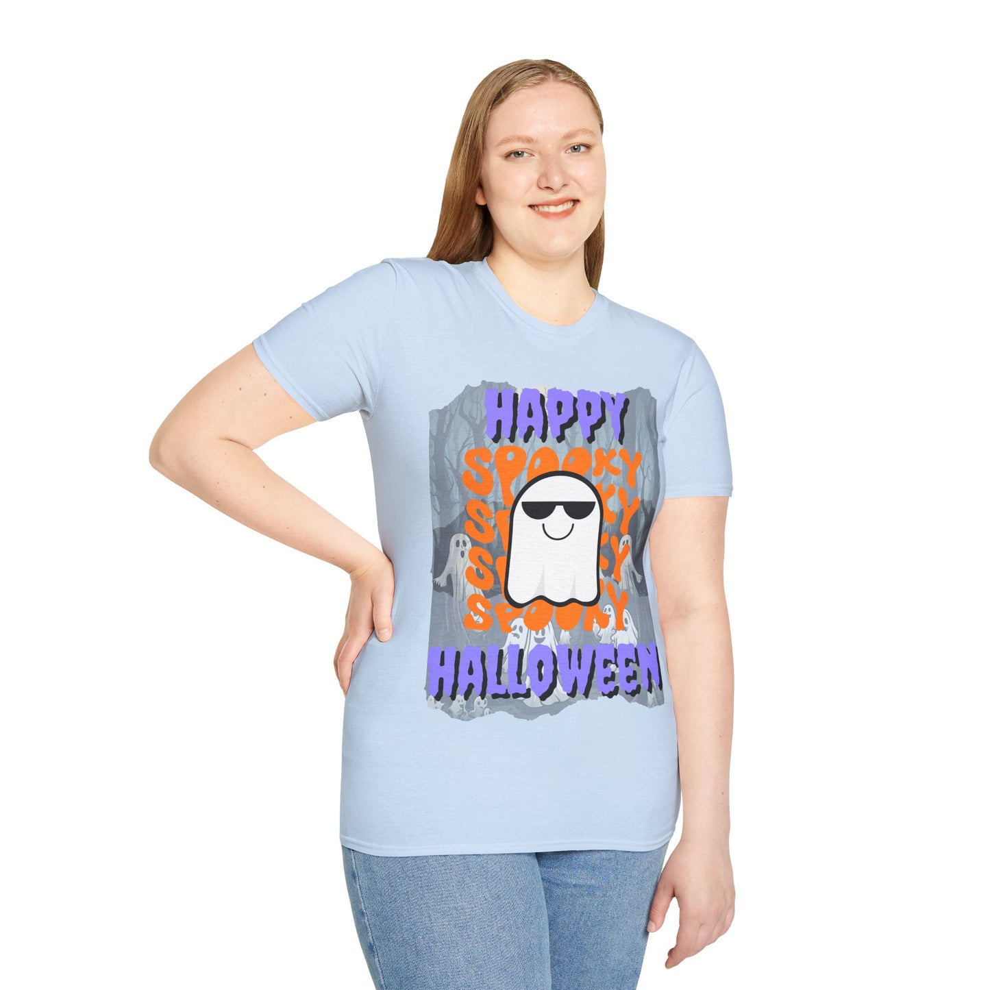 Spooky Happy Halloween Ghost Light colors Purple font Unisex T-Shirt by CreepyCrafts.boo