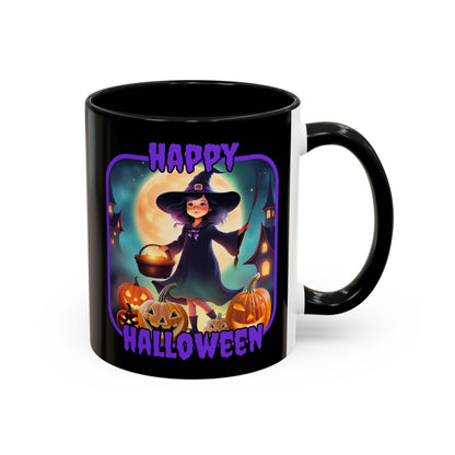 Happy Halloween Little Witch Purple font Black Accent Mug by CreepyCrafts.boo