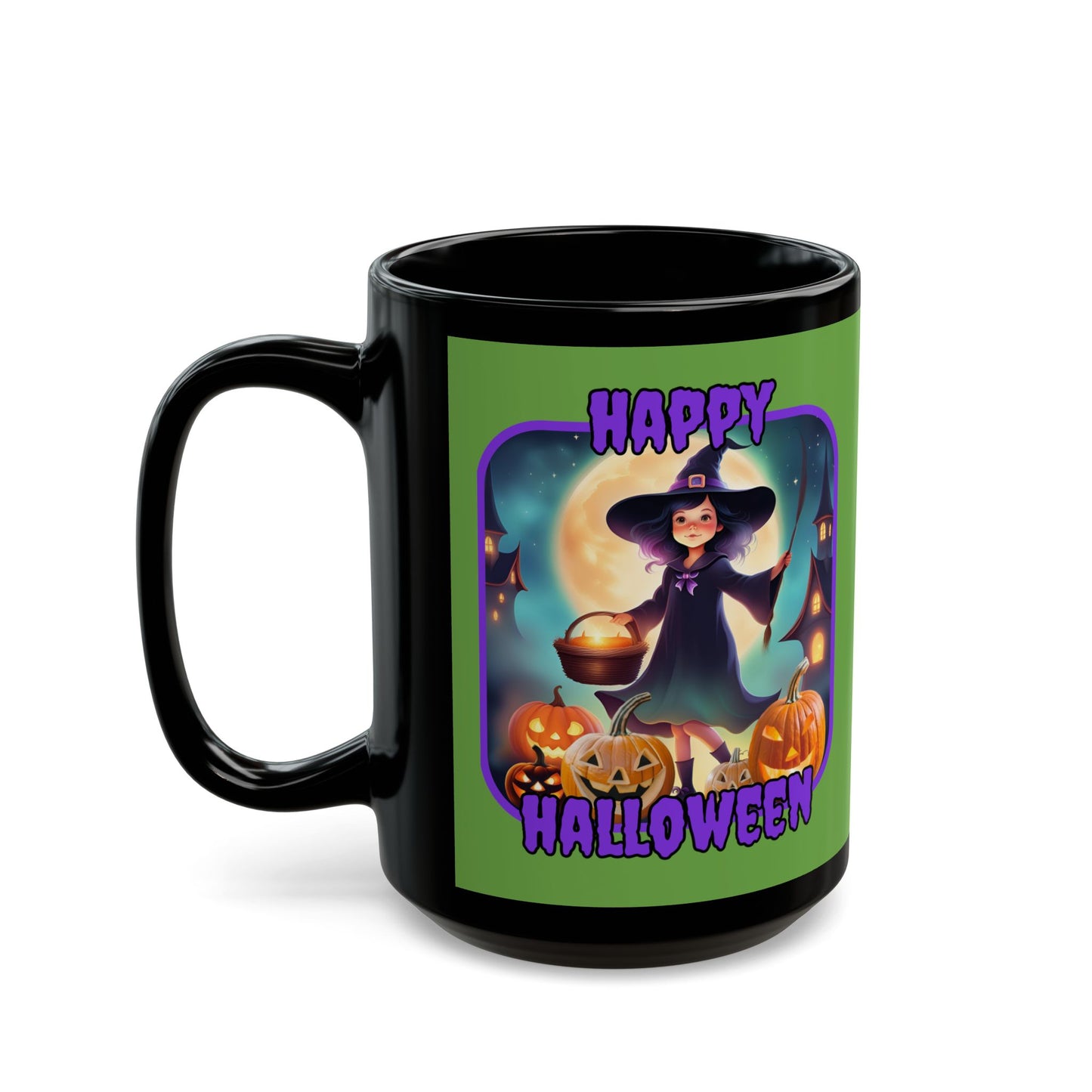 Happy Halloween Little Witch Purple font Green Mug by CreepyCrafts.boo