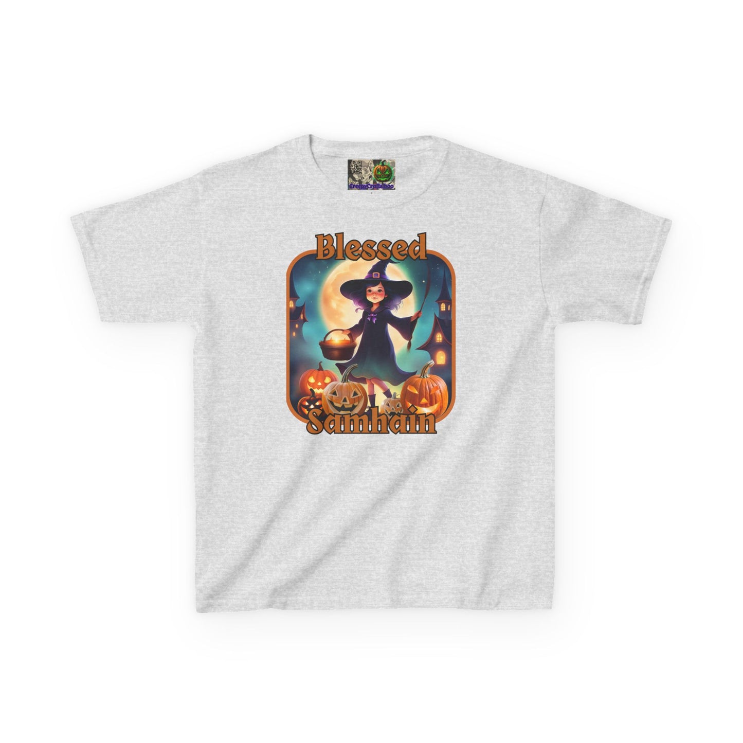 Blessed Samhain Little Witch Orange font Kids Heavy Cotton™ Tee by CreepyCrafts.boo