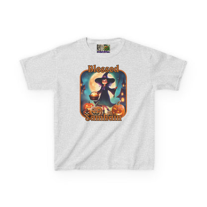 Blessed Samhain Little Witch Orange font Kids Heavy Cotton™ Tee by CreepyCrafts.boo