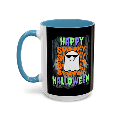 Spooky Happy Halloween Ghost Mixed font Black Accent Mug by CreepyCrafts.boo