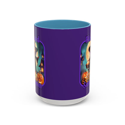 Blessed Samhain Little Witch Purple font Purple Accent Mug by CreepyCrafts.boo