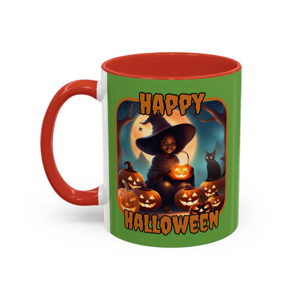 Happy Halloween Cute Witch Orange font Green Accent Mug by CreepyCrafts.boo
