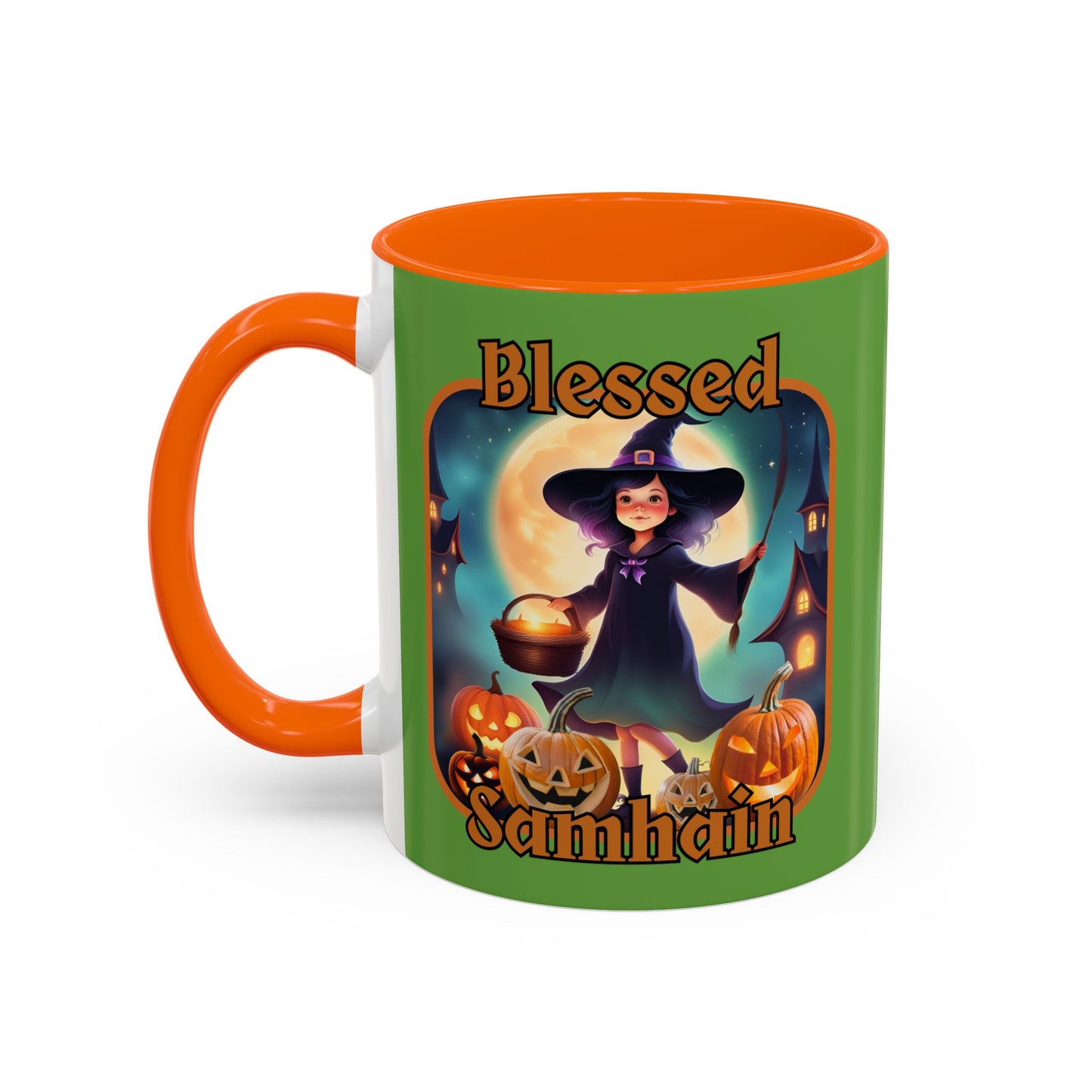 Blessed Samhain Little Witch Orange font Green Accent Mug by CreepyCrafts.boo