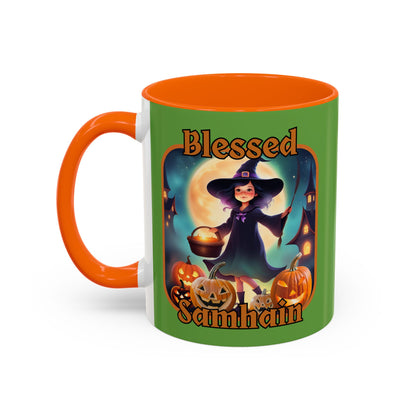 Blessed Samhain Little Witch Orange font Green Accent Mug by CreepyCrafts.boo