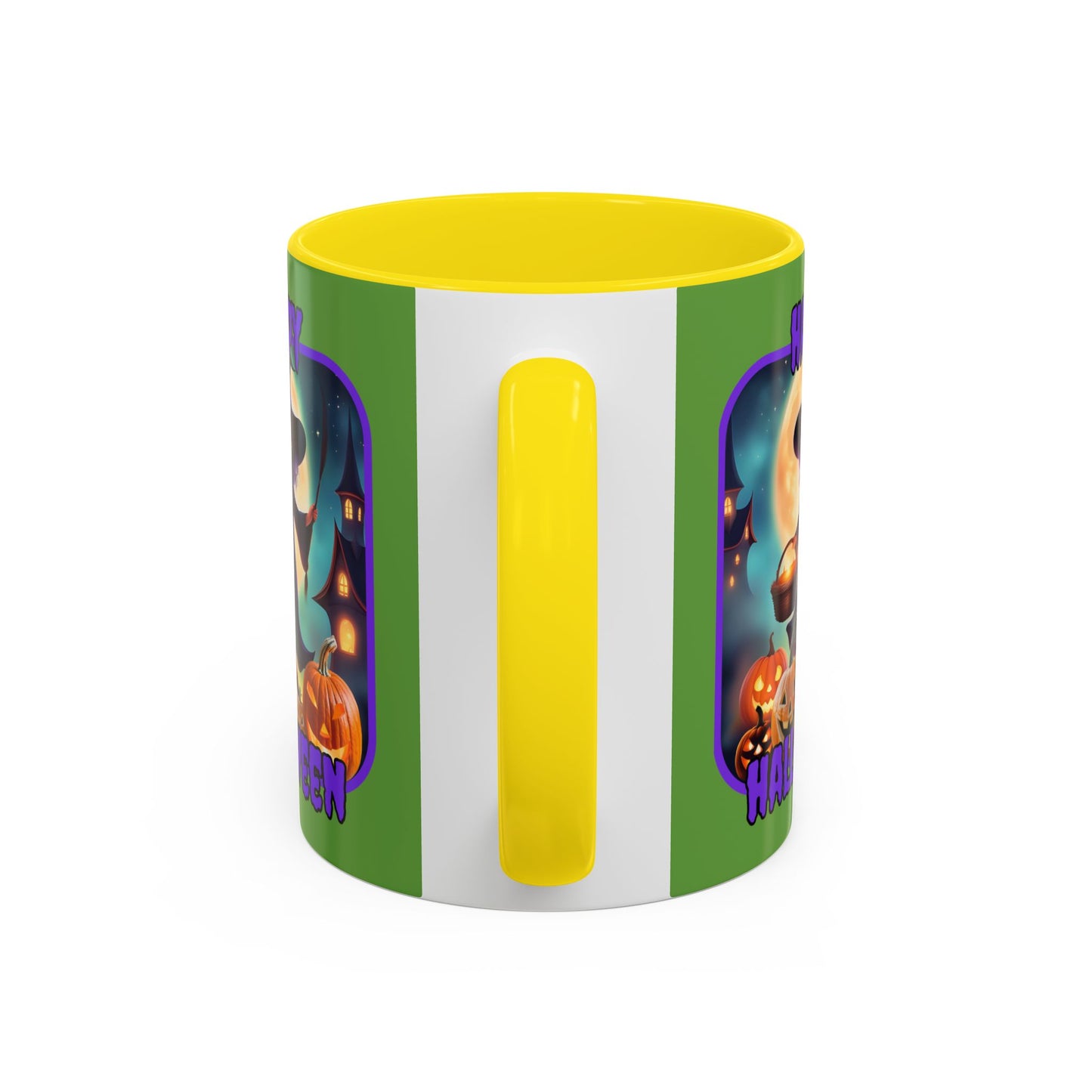 Happy Halloween Little Witch Purple font Green Accent Mug by CreepyCrafts.boo