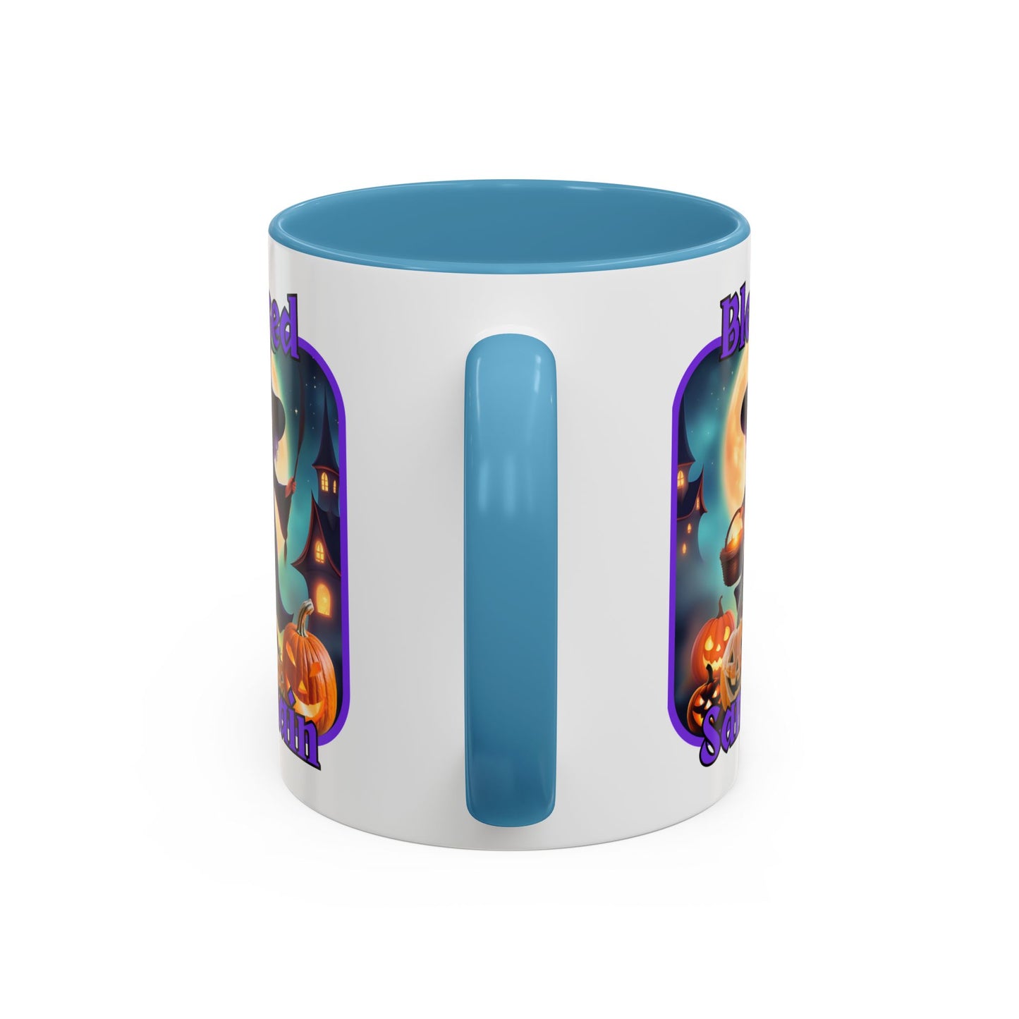 Blessed Samhain Little Witch Purple font White Accent Mug by CreepyCrafts.boo