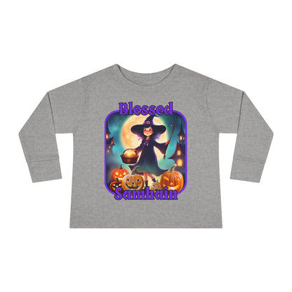 Blessed Samhain Little Witch Purple font Toddler Long Sleeve Tee by CreepyCrafts.boo