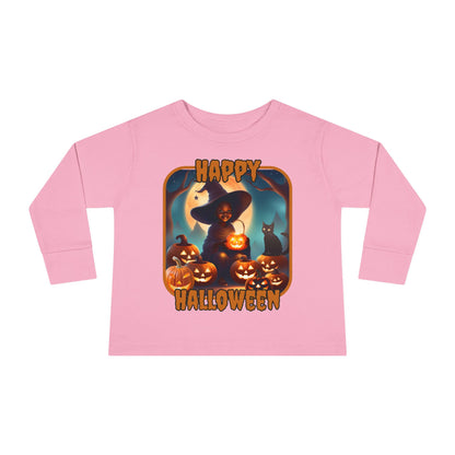 Happy Halloween Cute Witch Orange font Toddler Long Sleeve Tee by CreepyCrafts.boo
