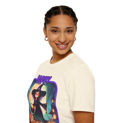 Happy Halloween Little Witch Purple font, Light colors, Unisex T-Shirt by CreepyCrafts.boo