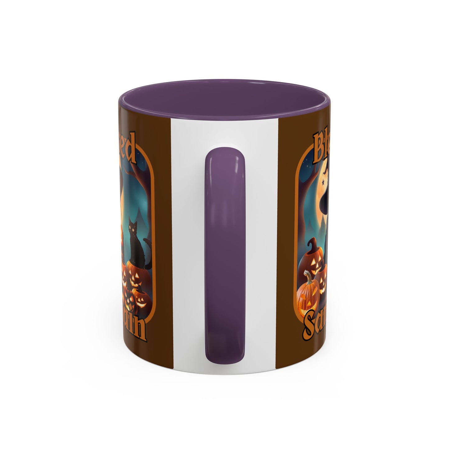 Blessed Samhain Cute Witch Orange font Brown Accent Mug by CreepyCrafts.boo