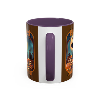 Blessed Samhain Cute Witch Orange font Brown Accent Mug by CreepyCrafts.boo