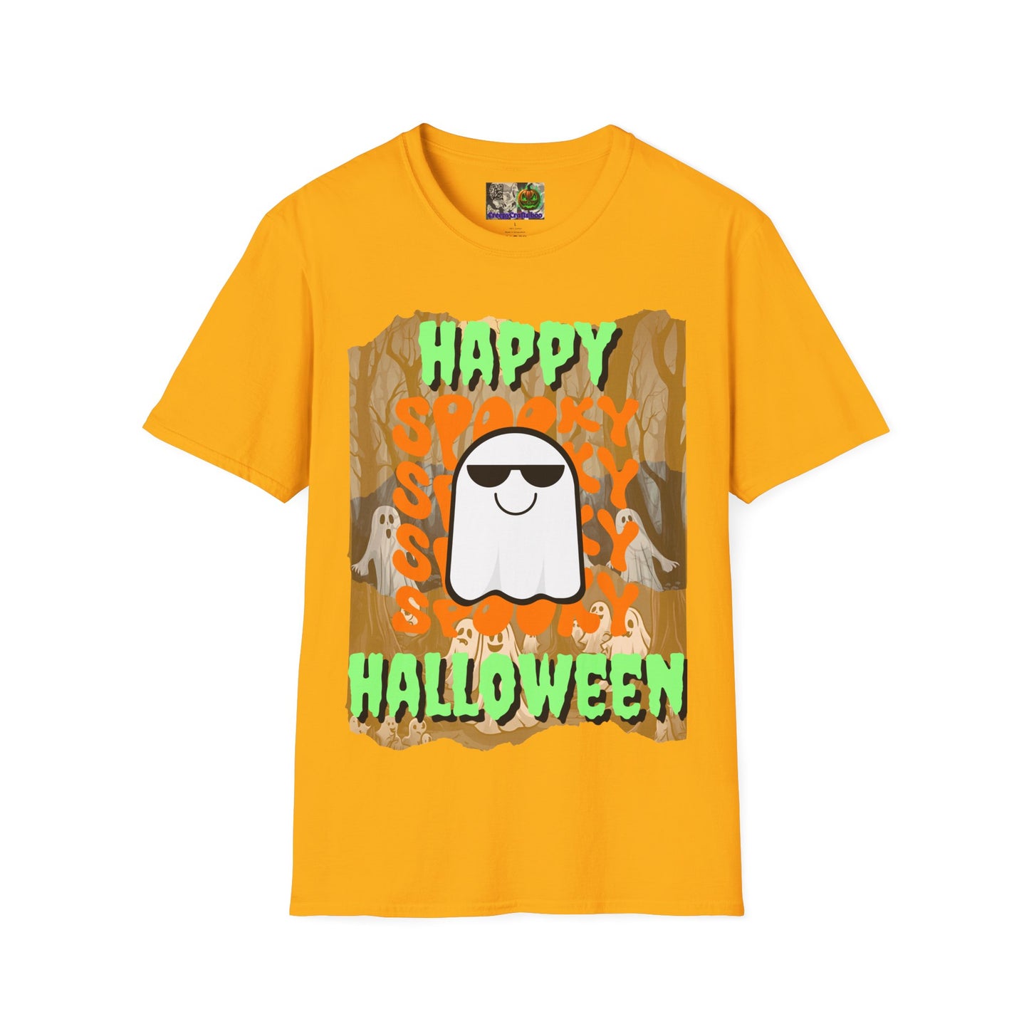 Spooky Happy Halloween Ghost Light colors Green font Unisex T-Shirt by CreepyCrafts.boo