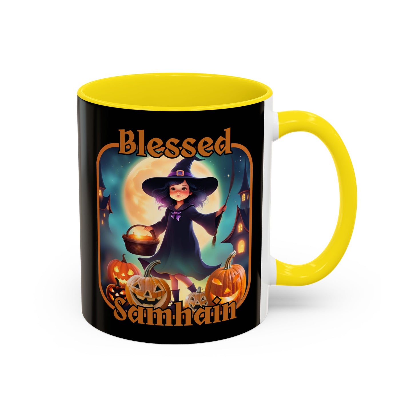 Blessed Samhain Little Witch Orange font Black Accent Mug by CreepyCrafts.boo