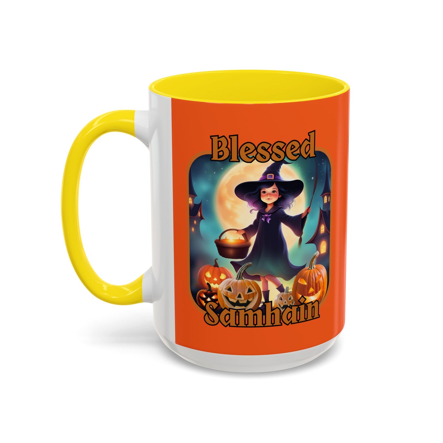 Blessed Samhain Little Witch Orange font Orange Accent Mug by CreepyCrafts.boo