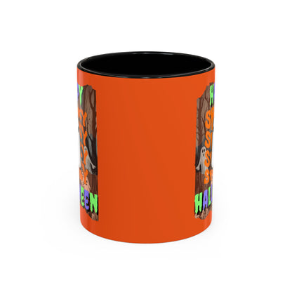 Spooky Happy Halloween Ghost Mixed font Orange Accent Mug by CreepyCrafts.boo