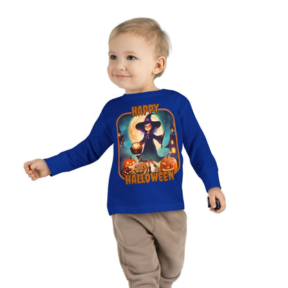 Happy Halloween Little Witch Orange font Toddler Long Sleeve Tee by CreepyCrafts.boo