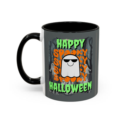 Spooky Happy Halloween Ghost Green font Grey Accent Mug by CreepyCrafts.boo