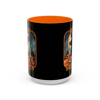 Happy Halloween Cute Witch Orange font Black Accent Mug by CreepyCrafts.boo