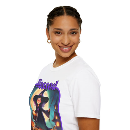 Blessed Samhain Little Witch Purple font Light colors Unisex T-Shirt by CreepyCrafts.boo
