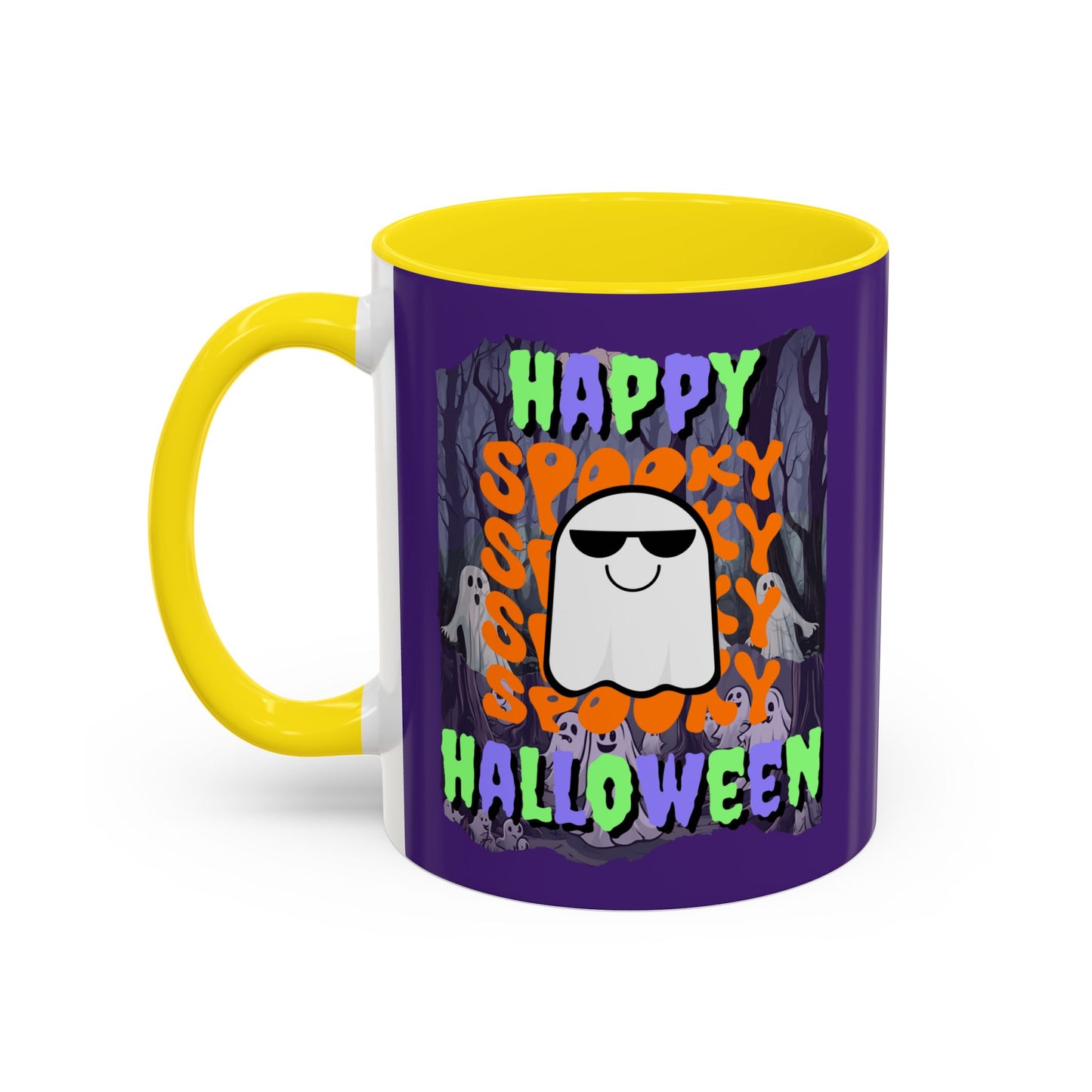 Spooky Happy Halloween Ghost Mixed font Purple Accent Mug by CreepyCrafts.boo