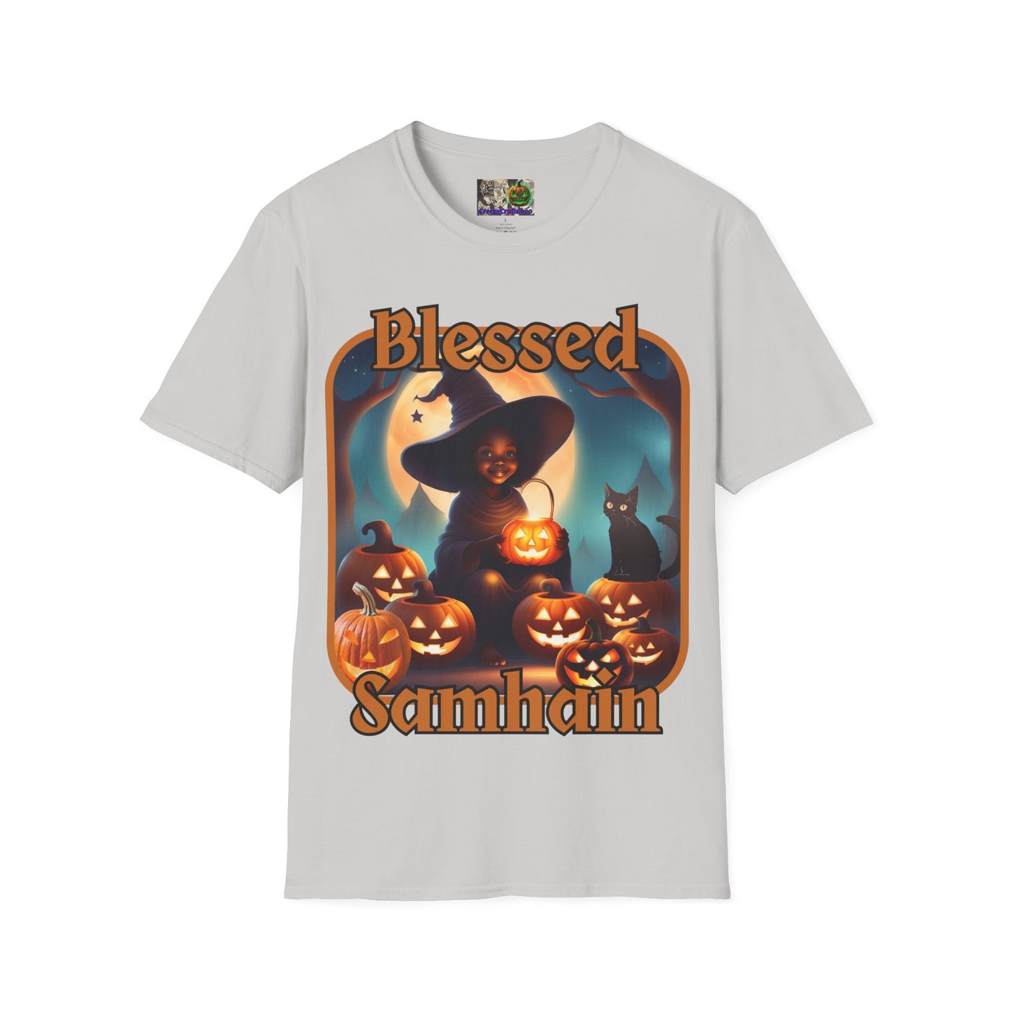 Blessed Samhain Cute Witch Orange font Light colors Unisex T-Shirt by CreepyCrafts.boo