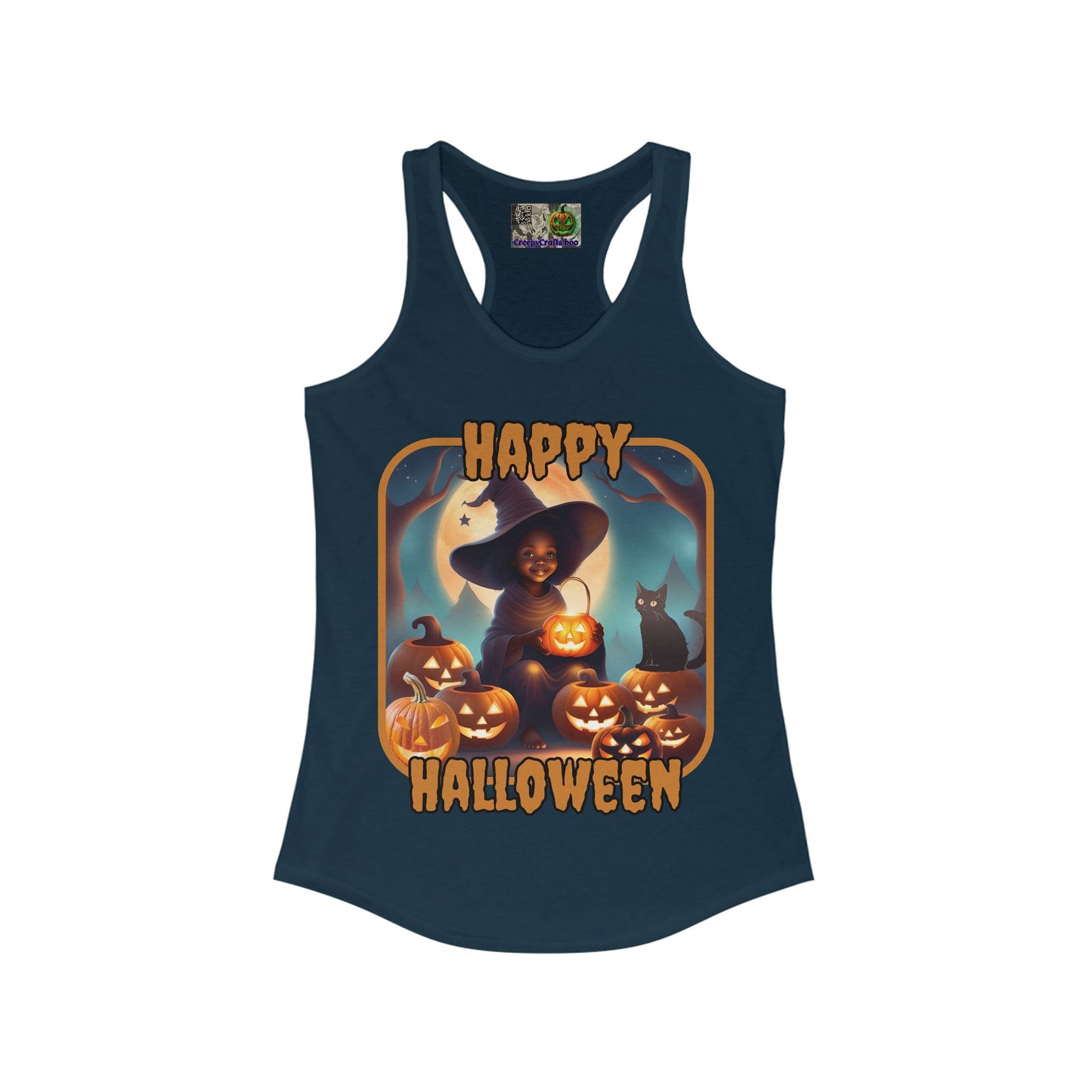 Happy Halloween Cute Witch Orange font Women's Racerback Tank Top by CreepyCrafts.boo